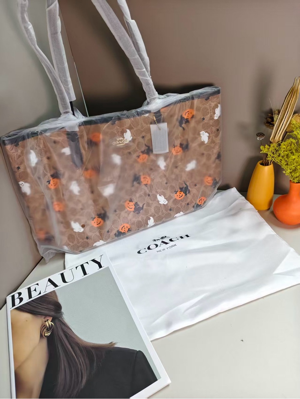 Coach Brown Logo Tote with Orange Pumpkin & White Ghost Accents